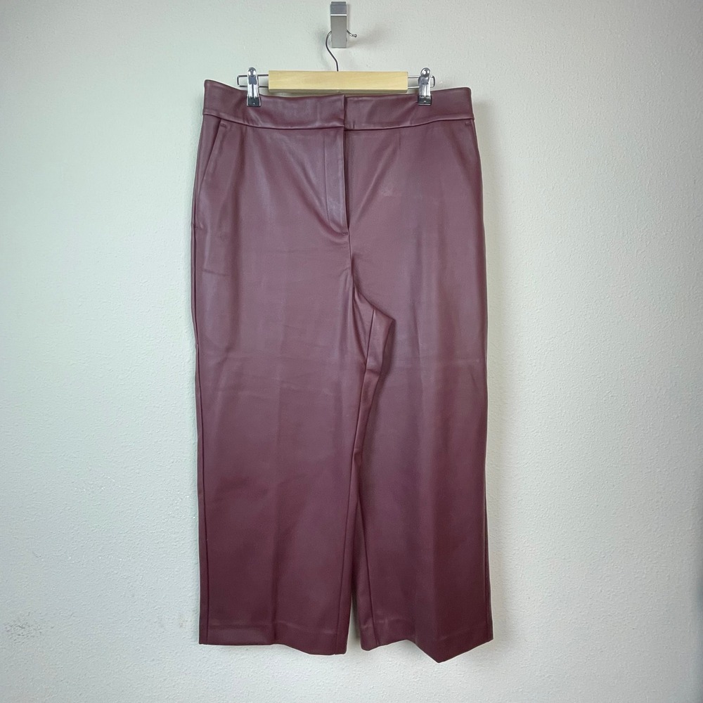 Ann‎ Taylor Factory Faux Leather Pants Women 14 Burgundy High Rise Crop Wide Leg